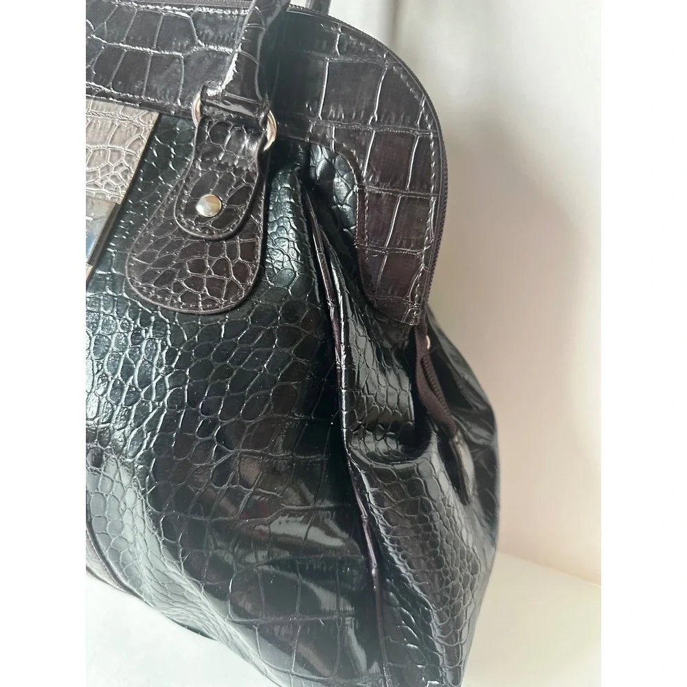 Icing Womens Faux Croc Embossed Satchel Handbag Black Burgundy Grey 34136-2 NWT